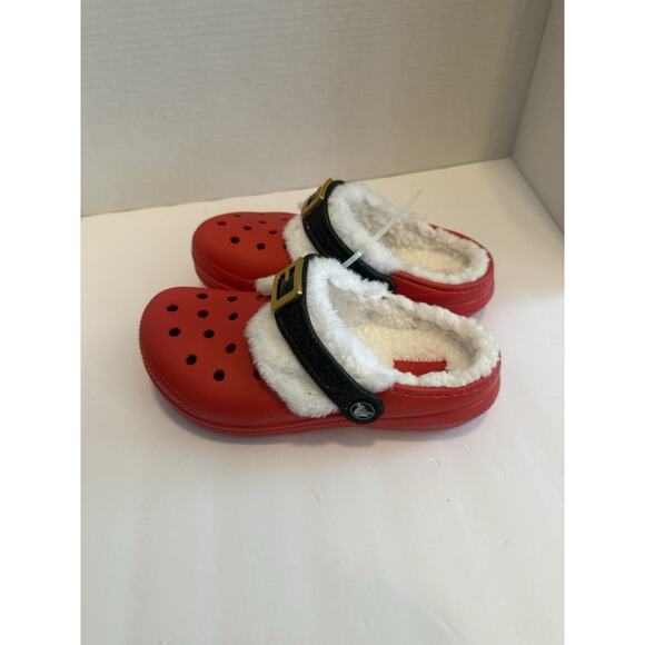 Crocs Classic Lined Santa Clog Kids Size J2 Red Faux Fur Cozy Holiday - Picture 3 of 8